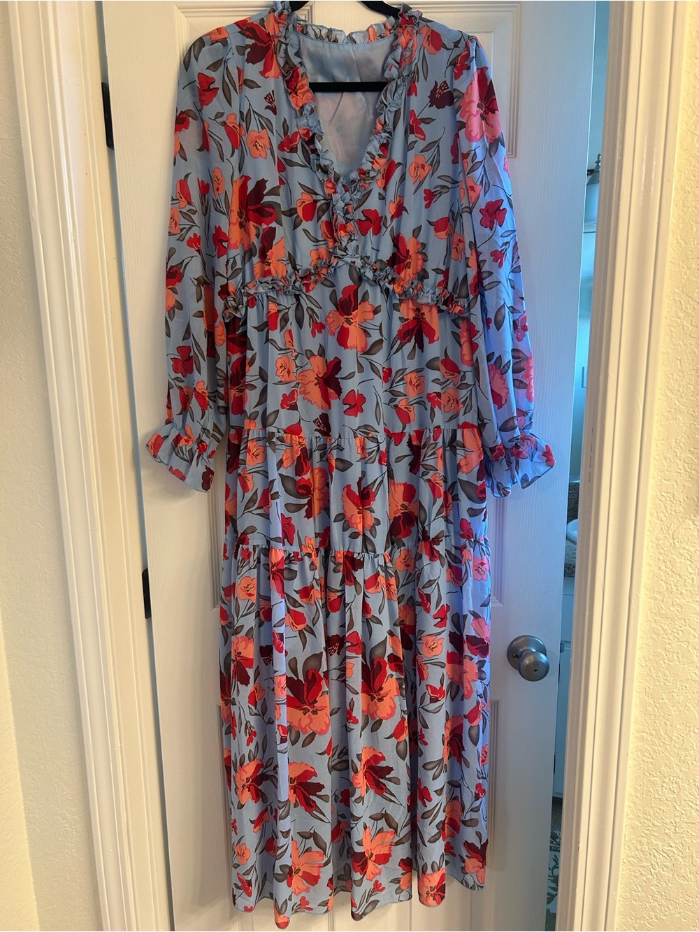 Light Blue Floral Ruffle Maxi Dress with Pink & Red Blooms